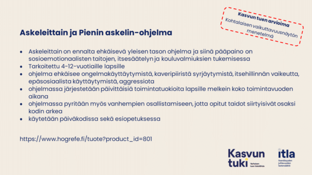 Kasvun tuen arvioima. Kohtalaisen vaikuttavuusnäytön menetelmä. Askeleittain ja Pienin askelin-ohjelma Askeleittain on ennalta ehkäisevä yleisen tason ohjelma ja siinä pääpaino on sosioemotionaalisten taitojen, itsesäätelyn ja kouluvalmiuksien tukemisessa tarkoitettu 4-12-vuotiaille lapsille ohjelma ehkäisee ongelmakäyttäytymistä, kaveripiiristä syrjäytymistä, itsehillinnän vaikeutta, epäsosiaalista käyttäytymistä, aggressiota ohjelmassa järjestetään päivittäisiä toimintatuokioita lapsille melkein koko toimintavuoden aikana ohjelmassa pyritään myös vanhempien osallistamiseen, jotta opitut taidot siirtyisivät osaksi kodin arkea käytetään päiväkodissa sekä esiopetuksessa https://www.hogrefe.fi/tuote?product_id=801 .