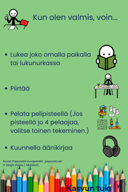 Kun olen valmis, voin... Lukea joko omalla paikalla tai lukunurkassa Piirtää Pelata pelipisteellä (Jos pisteellä jo 4 pelaajaa, valitse toinen tekeminen.) Kuunnella äänikirjaa.