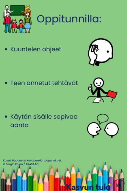 Oppitunnilla: kuuntelen ohjeet, teen annetut tehtävät, käytän sisälle sopivaa ääntä.