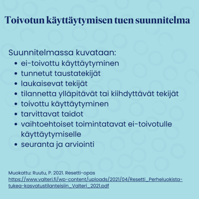 Toivotun käyttäytymisen tuen suunnitelma Suunnitelmassa kuvataan: ei-toivottu käyttäytyminen tunnetut taustatekijät laukaisevat tekijät tilannetta ylläpitävät tai kiihdyttävät tekijät toivottu käyttäytyminen tarvittavat taidot vaihtoehtoiset toimintatavat ei-toivotulle käyttäytymiselle seuranta ja arviointi Muokattu: Ruutu, P. 2021. Resetti-opas https://www.valteri.fi/wp-content/uploads/2021/04/Resetti_Perheluokista-tukea-kasvatustilanteisiin_Valteri_2021.pdf
