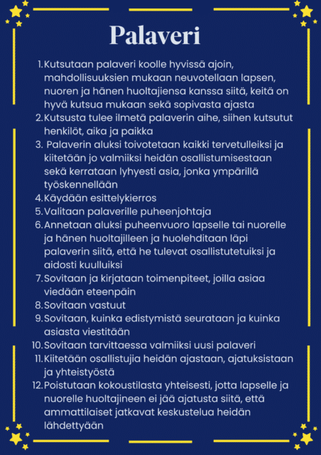 Palaveri Kutsutaan palaveri koolle hyvissä ajoin, mahdollisuuksien mukaan neuvotellaan lapsen, nuoren ja hänen huoltajiensa kanssa siitä, keitä on hyvä kutsua mukaan sekä sopivasta ajasta Kutsusta tulee ilmetä palaverin aihe, siihen kutsutut henkilöt, aika ja paikka Palaverin aluksi toivotetaan kaikki tervetulleiksi ja kiitetään jo valmiiksi heidän osallistumisestaan sekä kerrataan lyhyesti asia, jonka ympärillä työskennellään Käydään esittelykierros Valitaan palaverille puheenjohtaja Annetaan aluksi puheenvuoro lapselle tai nuorelle ja hänen huoltajilleen ja huolehditaan läpi palaverin siitä, että he tulevat osallistutetuiksi ja aidosti kuulluiksi Sovitaan ja kirjataan toimenpiteet, joilla asiaa viedään eteenpäin Sovitaan vastuut Sovitaan, kuinka edistymistä seurataan ja kuinka asiasta viestitään Sovitaan tarvittaessa valmiiksi uusi palaveri Kiitetään osallistujia heidän ajastaan, ajatuksistaan ja yhteistyöstä Poistutaan kokoustilasta yhteisesti, jotta lapselle ja nuorelle huoltajineen ei jää ajatusta siitä, että ammattilaiset jatkavat keskustelua heidän lähdettyään