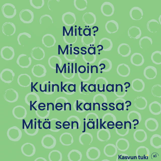 Mitä? Missä? Milloin? Kuinka kauan? Kenen kanssa? Mitä sen jälkeen?