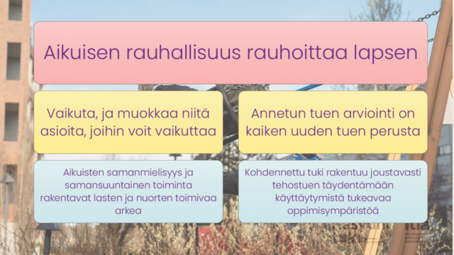 Kuvan taustalla keinuva lapsi. Päällä tekstit: Aikuisen rauhallisuus rauhoittaa lapsen
	Vaikuta, ja muokkaa niitä asioita, joihin voit vaikuttaa
		Aikuisten samanmielisyys ja samansuuntainen toiminta rakentavat lasten ja nuorten toimivaa arkea
	Annetun tuen arviointi on kaiken uuden tuen perusta
		Kohdennettu tuki rakentuu joustavasti tehostuen täydentämään käyttäytymistä tukeavaa oppimisympäristöä.
