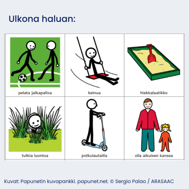 ulkona haluan: pelata jalkapalloa,keinua, hiekkalaatikko, tutkia kluontoa, potkulautailla, olla aikuisen kanssa. Kuvat: Papunetin kuvapankki. papunet.net. © Sergio Palao / ARASAAC